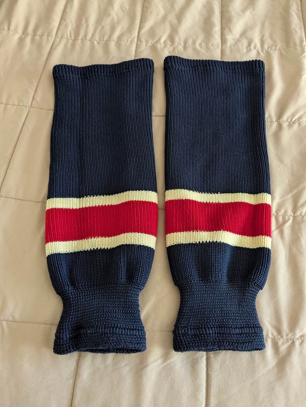 Navy Knit Hockey Socks with Red and Cream Stripes